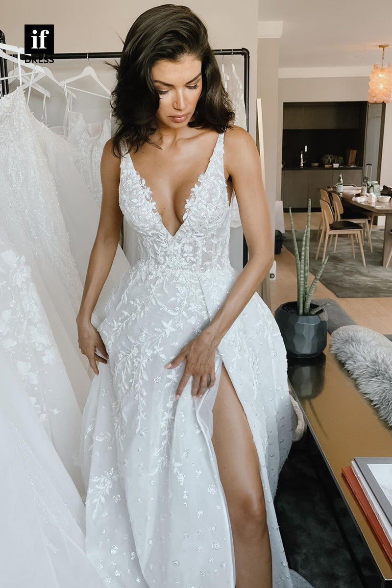 30546 - Classic A-Line V-Neck Lace Appliques  Boho Wedding Dress