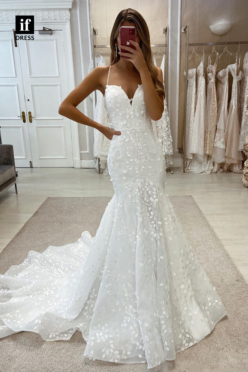 30584 - Illusion Trumpet V-Neck Lace Split Wedding Dress