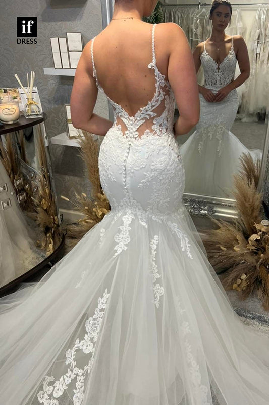 30586 - Spaghetti Straps Backless Trumpet Lace Tulle Wedding Dress