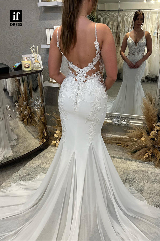 30591 - Attractive V-Neck Spaghetti Sraps Lace Tulle Wedding Dress