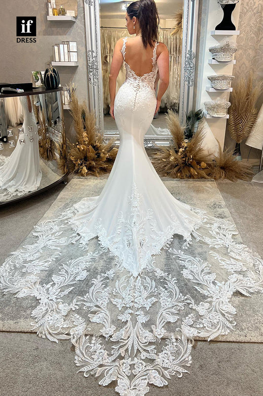 30593 - Classic Sleeveless Backless Lace Appliques Trumpet Wedding Gown