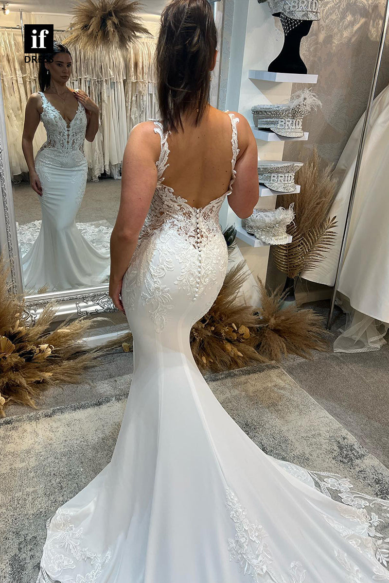 30593 - Classic Sleeveless Backless Lace Appliques Trumpet Wedding Gown