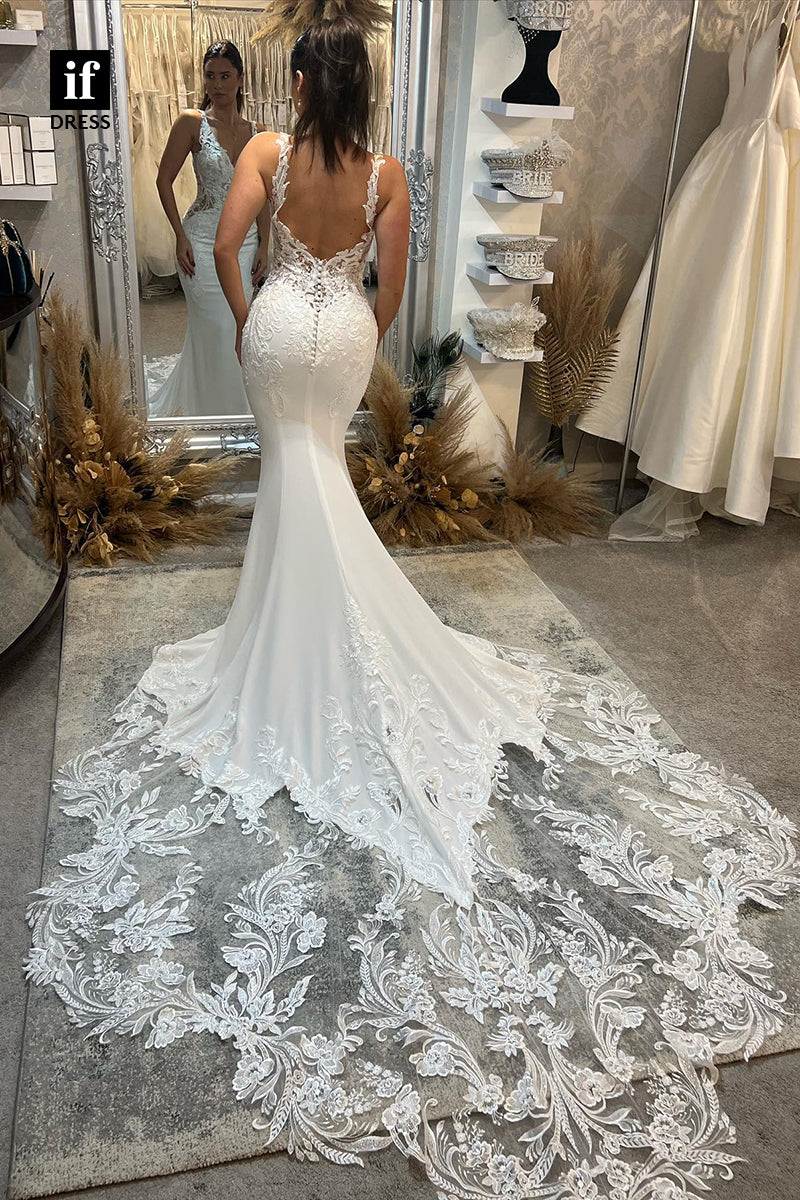 30593 - Classic Sleeveless Backless Lace Appliques Trumpet Wedding Gown