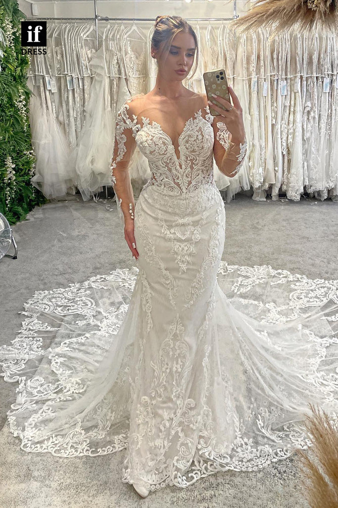 Grecian Style Plunge Neck Lace Tulle Mermaid Bridal Gown - Promfy