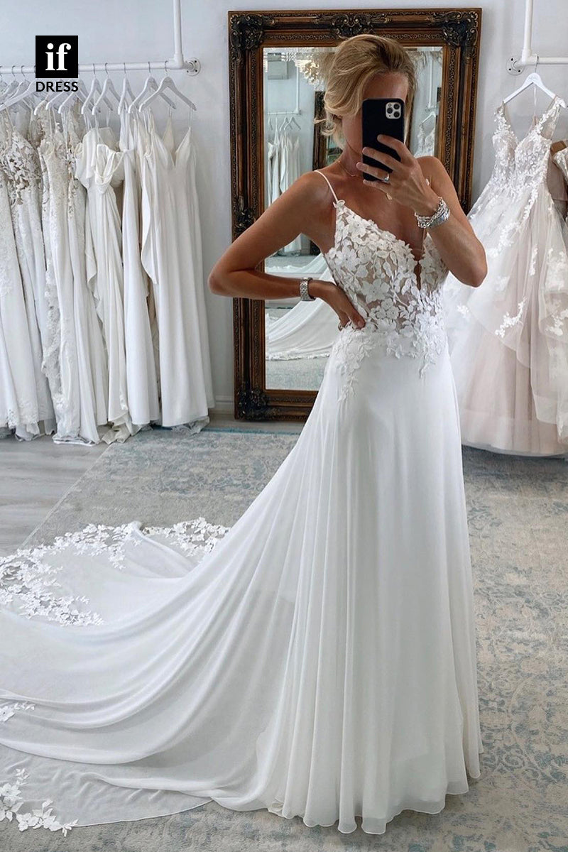 30596 - Elegant Spaghetti Straps V-Neck A-Line Tulle Wedding Dress