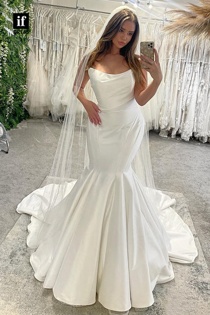 30597 - Attractive Off-Shoulder Scoop Pleats Trumpet Wedding Dress