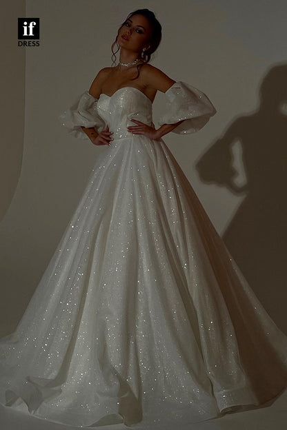 30598 - Sparkly A-Line Off-Shoulder Sweetheart Sequined  Wedding Dress