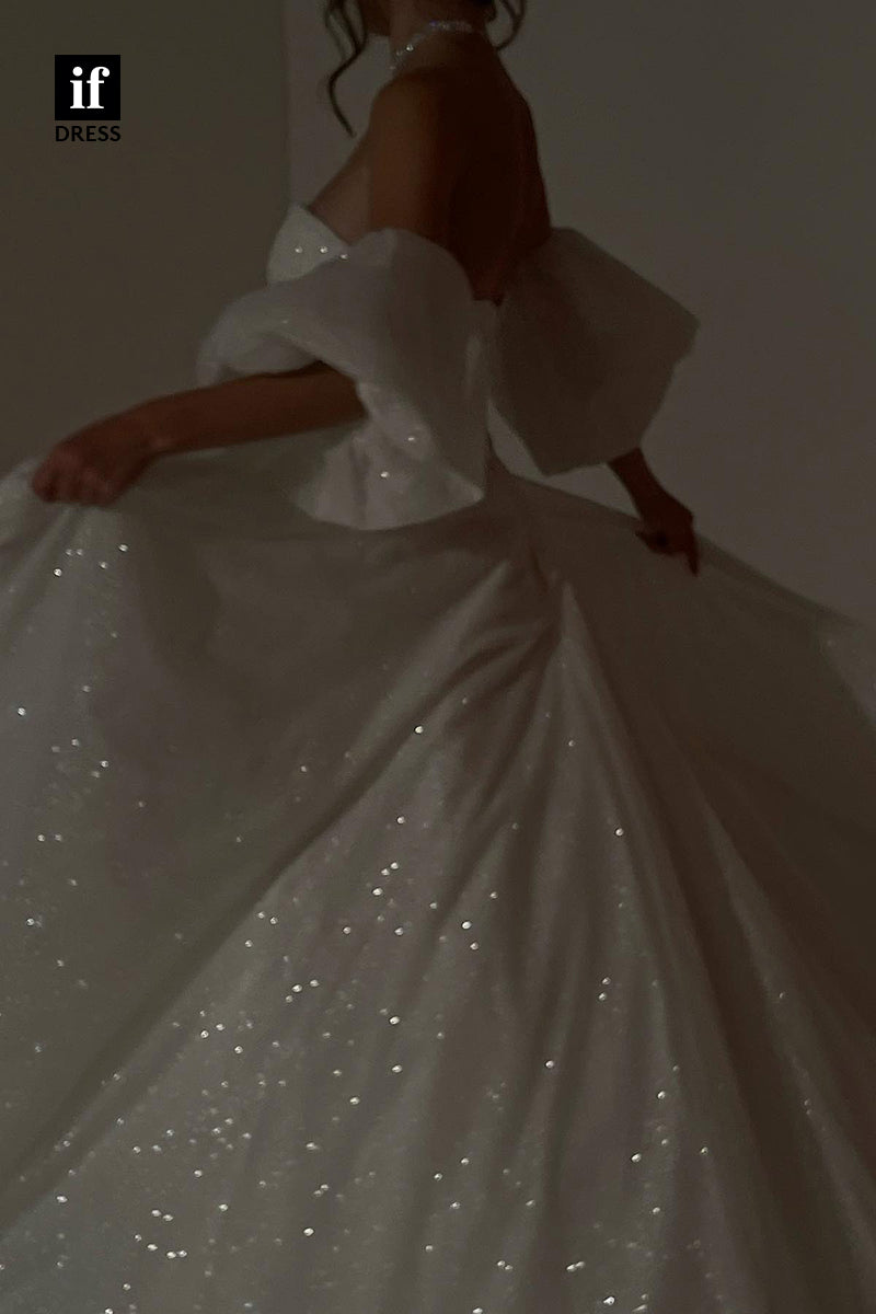 30598 - Sparkly A-Line Off-Shoulder Sweetheart Sequined  Wedding Dress