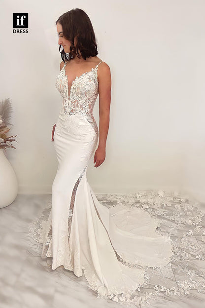 31582 - Trendy Spaghetti Straps V-Neck Lace Appliques Wedding Dress