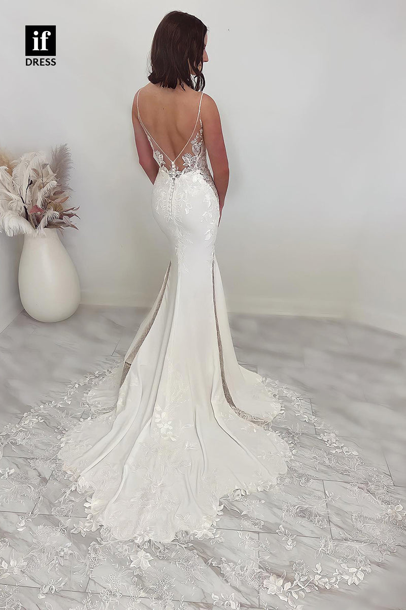 31582 - Trendy Spaghetti Straps V-Neck Lace Appliques Wedding Dress