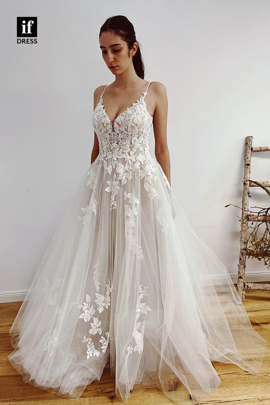 31676 - A Line V-Neck Lace Appliques Romantic Wedding Dress