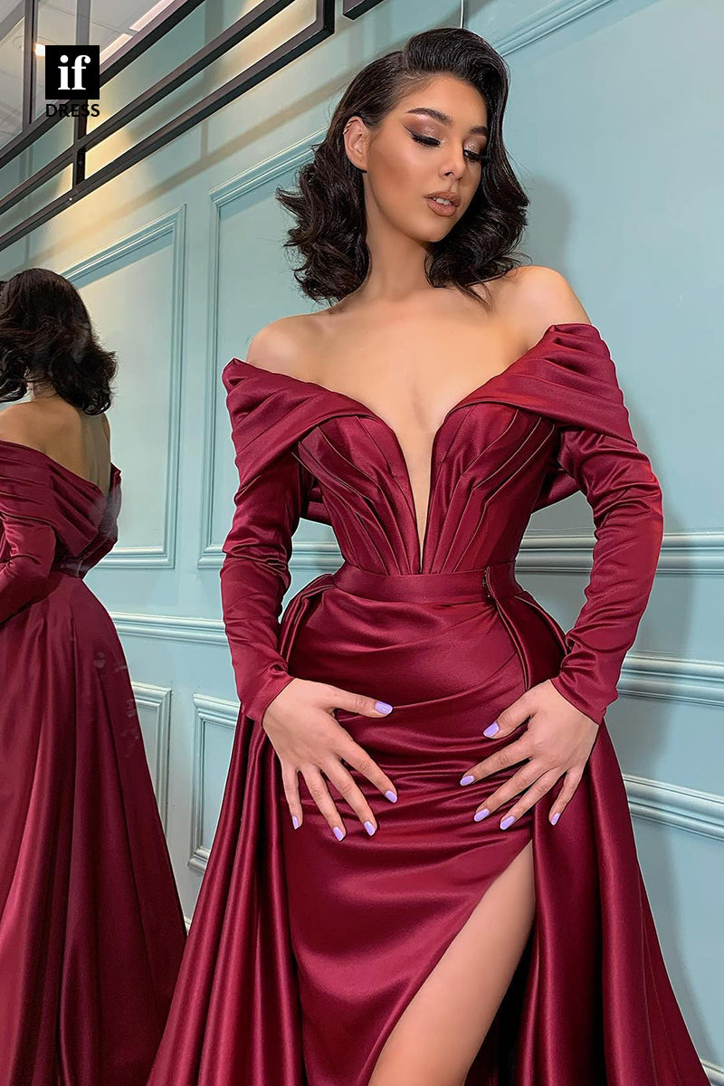 30907 - Off Shoulder Long Sleeves Burgundy Prom Evening Dress