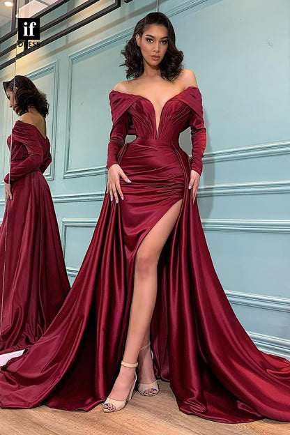 30907 - Off Shoulder Long Sleeves Burgundy Prom Evening Dress