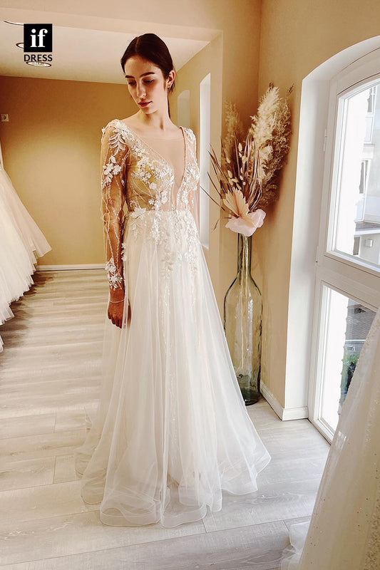 31678 - Illusion Neckline 3D Appliques Long Sleeves A Line Bohemian Wedding Dress