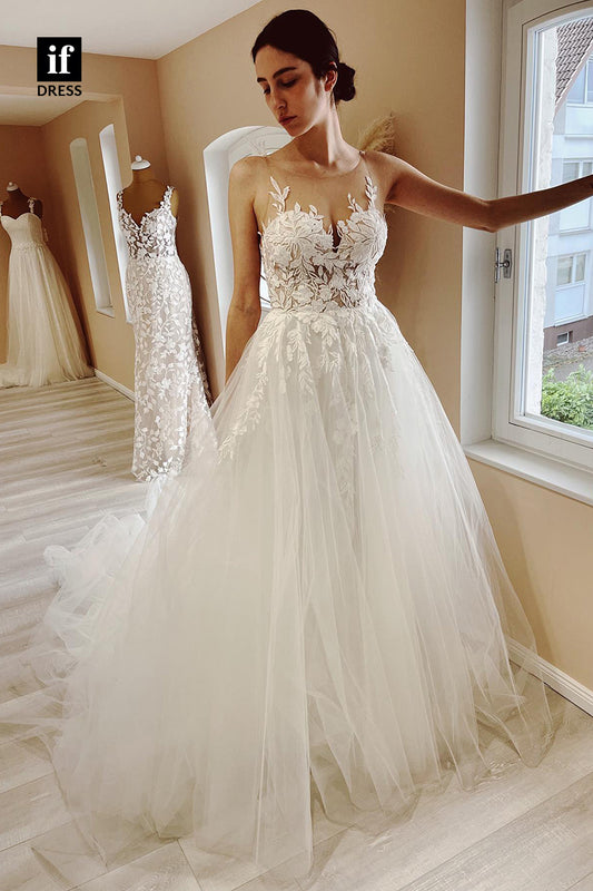 31680 - A line Illusion Neckline Romantic Lace Appliques Wedding Dress