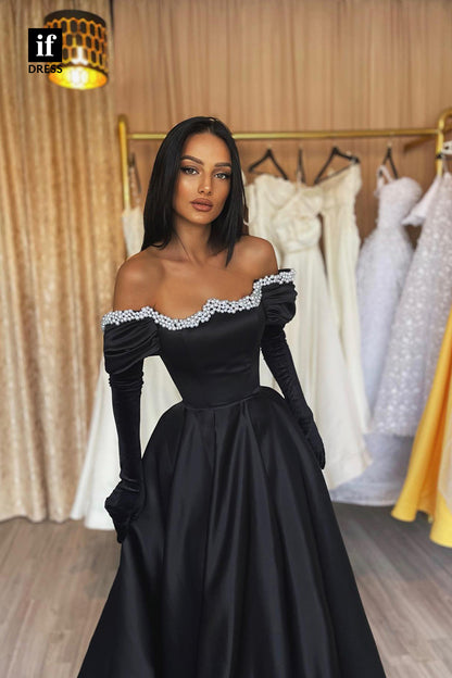 33992 - Luxurious A-Line Long Sleeves Off-Shoulder Pearls Prom Formal Gown