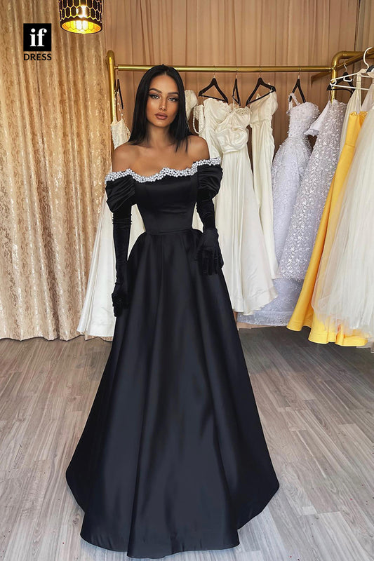 33992 - Luxurious A-Line Long Sleeves Off-Shoulder Pearls Prom Formal Gown