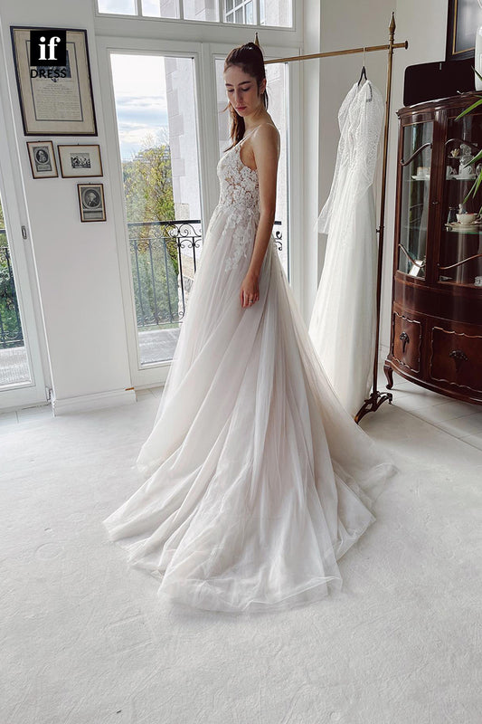 31683 - A Line V-neck Lace Appliques Rustic Wedding Dress