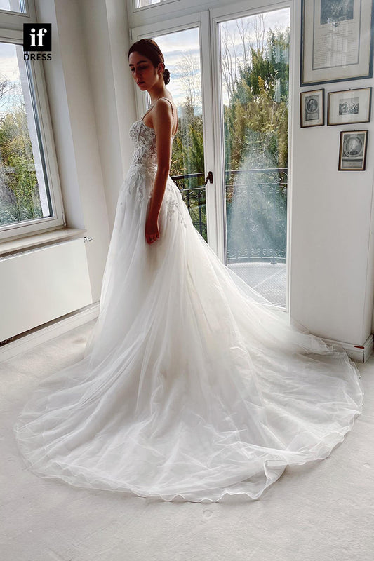 31682 - Spaghetti Straps Square Appliques A Line Romantic Bohemian Wedding Dress