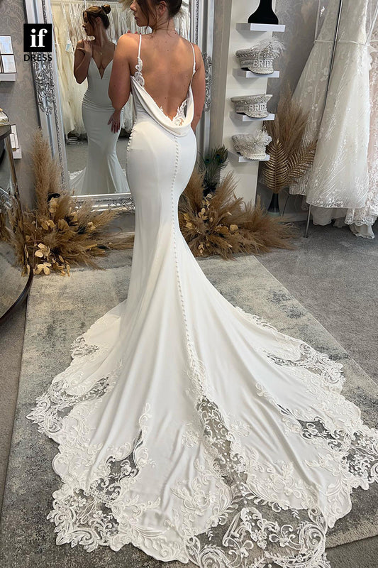 31500 - Illusion Spaghetti Straps V-Neck Satin Appliques Mermaid Wedding Dress