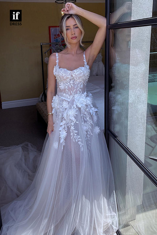 31503 - Glamorous Spaghetti Straps Tulle Appliques Wedding Dress