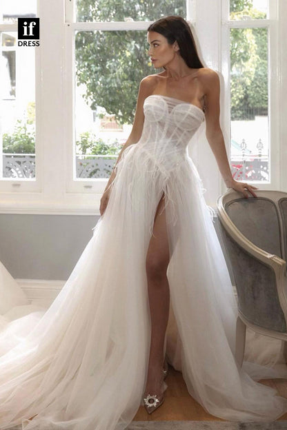 31512 - Elegant A-Line Off-Shoulder Long Sleeves Beaded Tulle Wedding Dress
