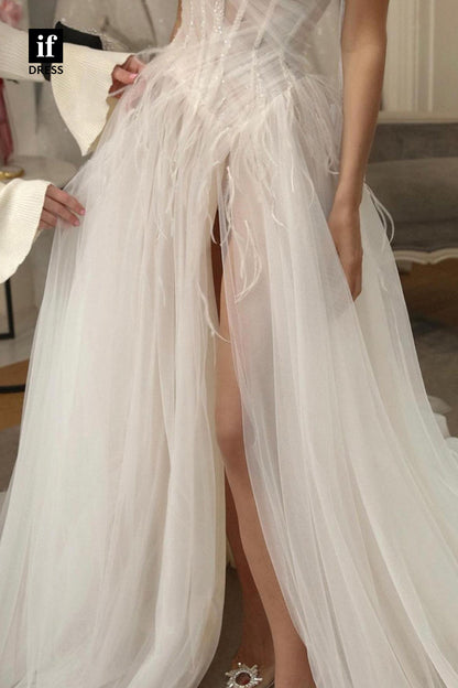 31512 - Elegant A-Line Off-Shoulder Long Sleeves Beaded Tulle Wedding Dress