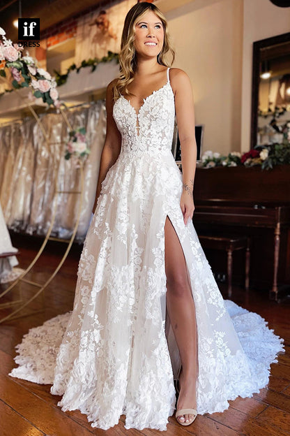 31516 - Romantic Spaghetti Straps V-Neck Tulle Appliques Wedding Dress