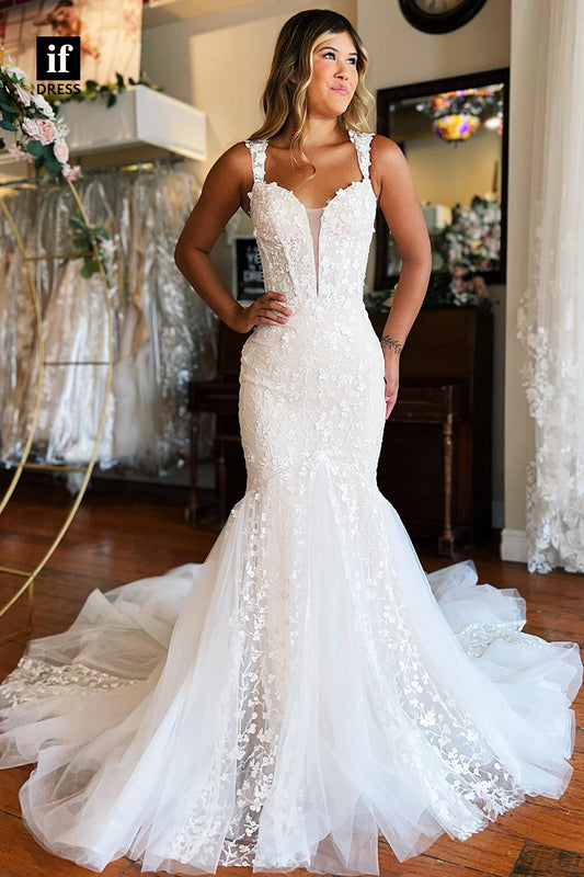 31517 - Trumpet V-Neck Straps Tulle Lace Appliques Wedding Dress