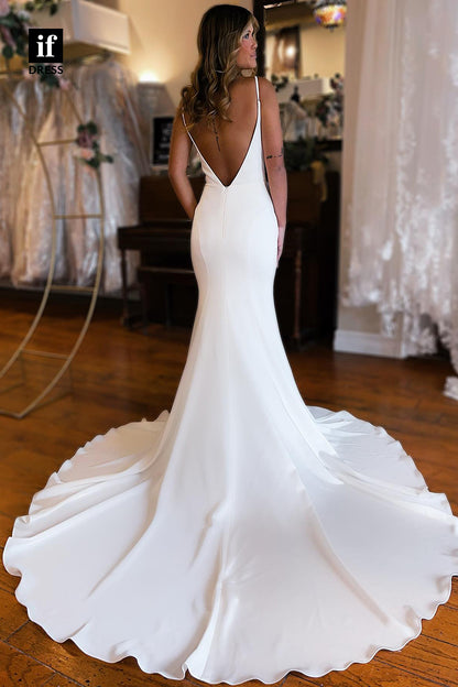 31521 - Sexy Spaghetti Straps V-Neck Elastic Satin Mermaid Wedding Dress