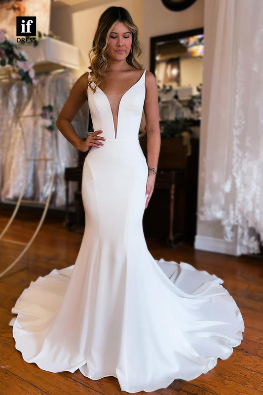 31521 - Sexy Spaghetti Straps V-Neck Elastic Satin Mermaid Wedding Dress