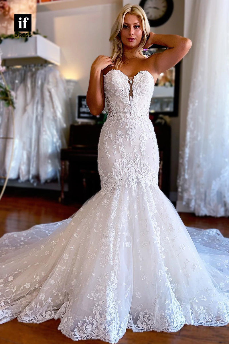 31522 - Attractive Off-Shoulder Sweetheart Long Sleeves Appliques Wedding Dress