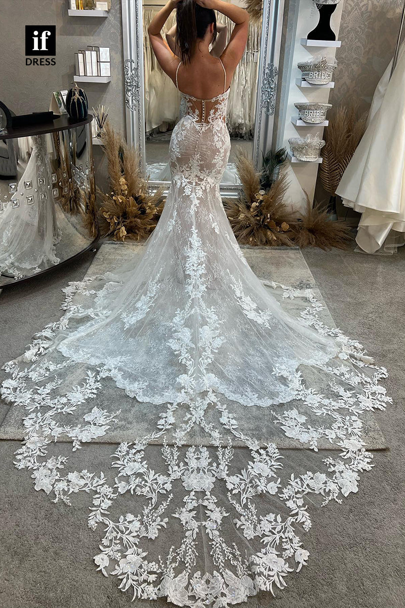 31566 - Glamorous Spaghetti Straps Scoop Appliques Mermaid Wedding Dress