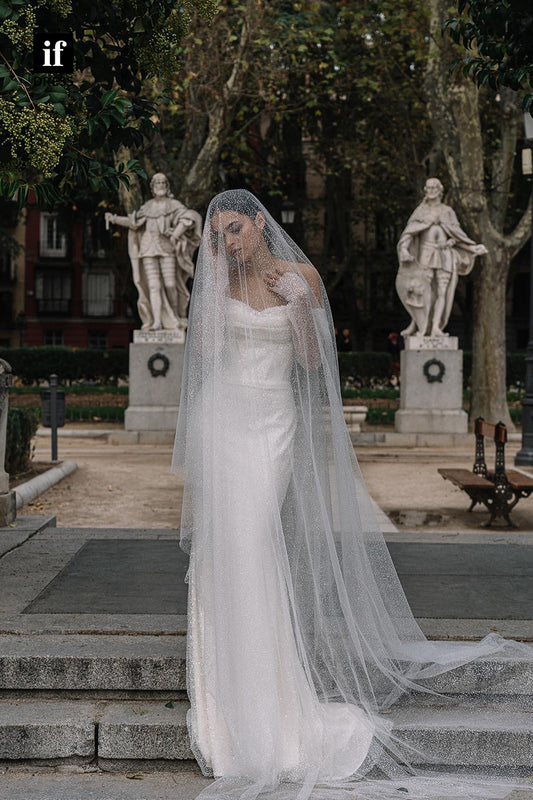 31524 - Romantic Off-Shoulder Scoop Long Sleeves Sequins Tulle Wedding Dress
