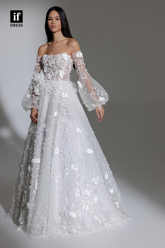 31525 - Attractive A-Line Off-Shoulder Long Sleeves Appliques Tulle Wedding Dress