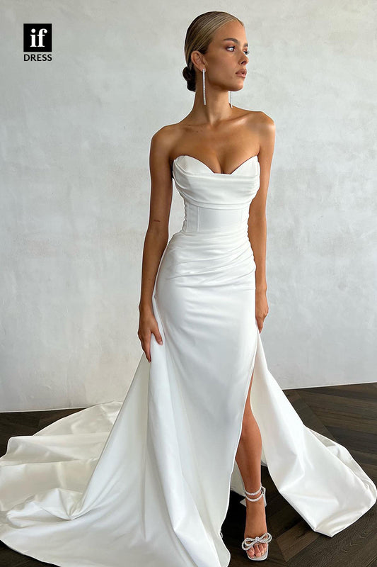 31527 - Classic Off-Shoulder Pleats Side Split Satin Beach Wedding Dress