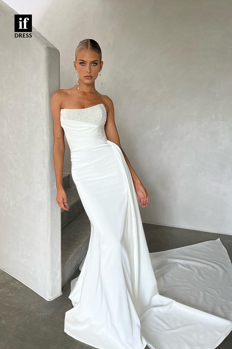 31528 - Charming Off-Shoulder Sleeveless Scoop Pleats Beaded Wedding Dress