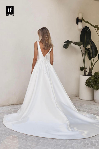 31530 - Sexy A-Line V-Neck Straps Side Split Satin Wedding Dress