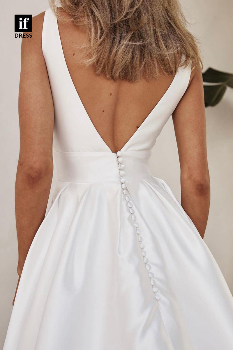 31530 - Sexy A-Line V-Neck Straps Side Split Satin Wedding Dress
