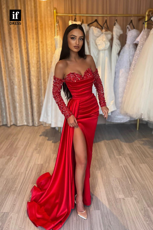 33905 - Sexy Sweetheart Off-Shoulder Long Sleeves Pleats Sequins Prom Formal Gown