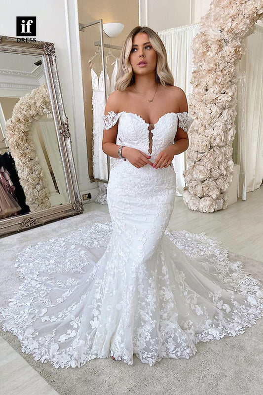 31536 - Luxurious Cap Sleeves Off-Shoulder Appliques Tulle Wedding Dress