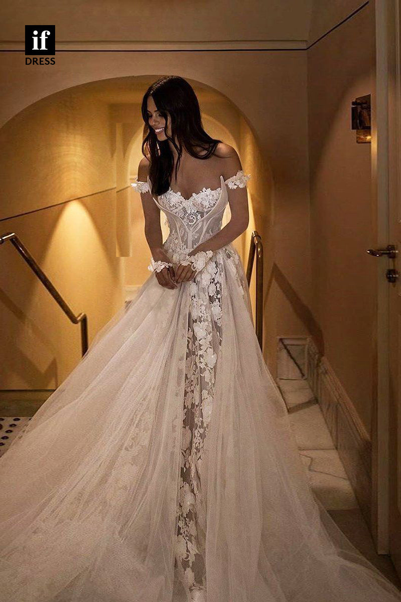 31539 - Elegant Sweetheart Off-Shoulder Appliaues Tulle Wedding Dress