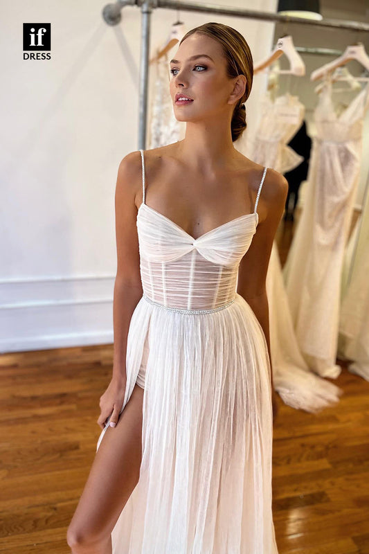 31541 - Sexy Spaghetti Straps Side Split Tulle Sheath Wedding Dress