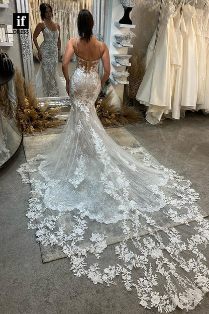 31566 - Glamorous Spaghetti Straps Scoop Appliques Mermaid Wedding Dress