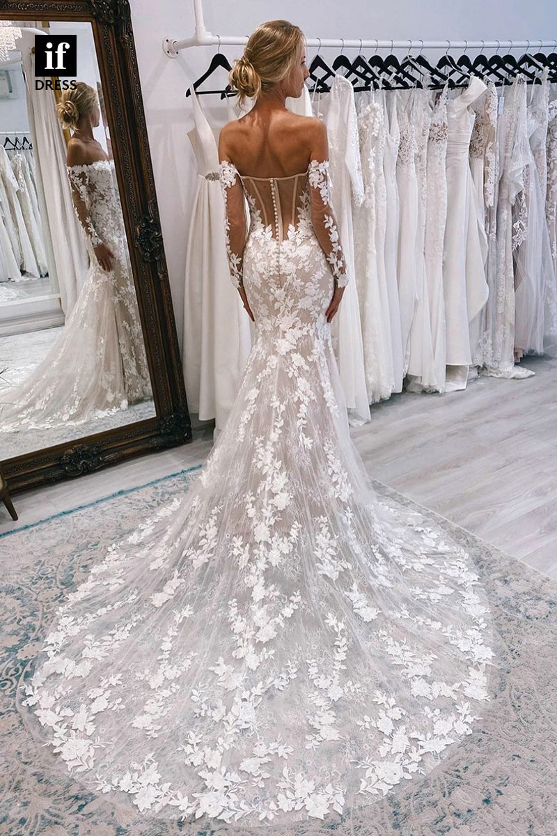 31543 - Romantic Off-Shoulder Long Sleeves Lace Appliques Wedding Dress
