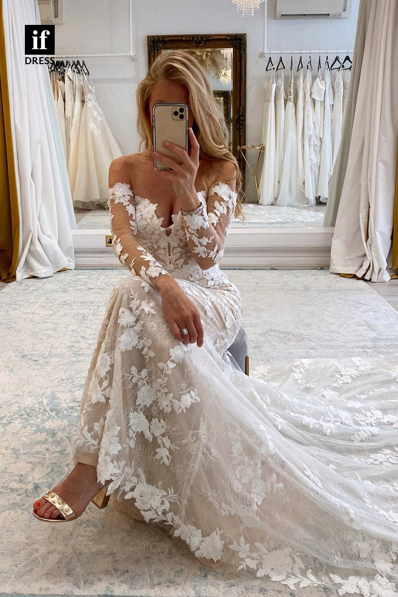 31543 - Romantic Off-Shoulder Long Sleeves Lace Appliques Wedding Dress
