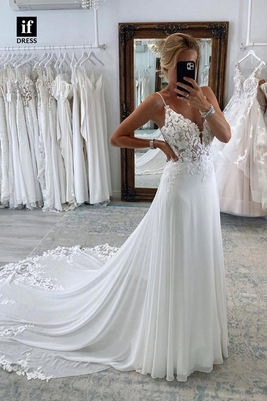 31547 - Elegant A-Line Spaghetti Straps V-Neck Lace Appliques Wedding Dress