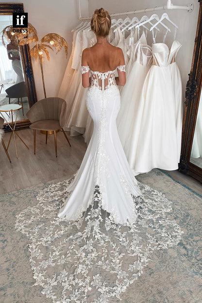 31549 - Glamorous Off-Shoulder Cap Sleeves Trumpet Wedding Dress
