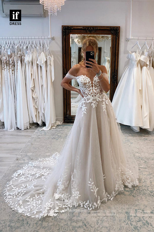 31550 - Stylish A-Line Off-Shoulder Cap Sleeves Lace Appliques Wedding Dress