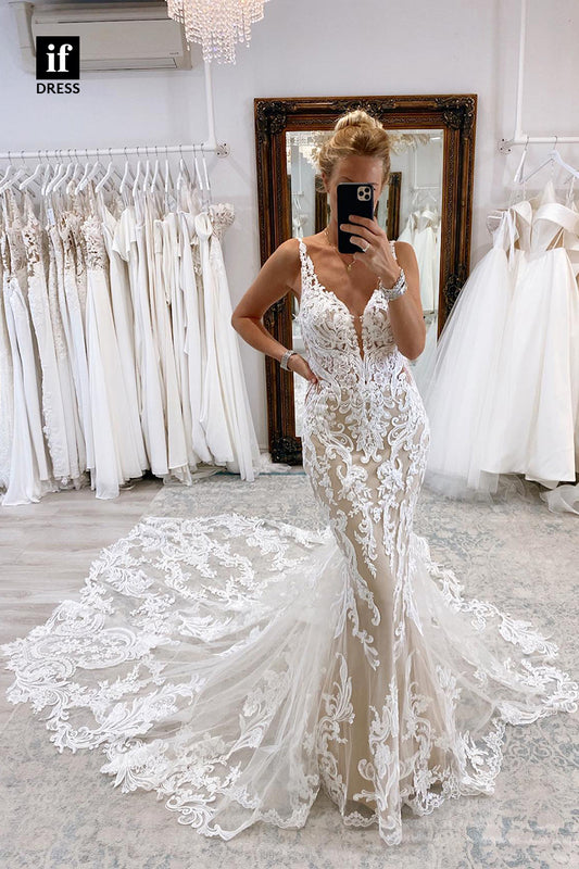 31551 - Illusion Double Straps V-Neck Lace Appliques Mermaid Wedding Dress